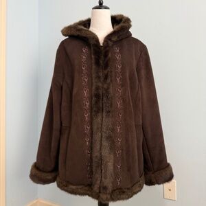 Braetan Women’s Plus Embroidered Faux Fur Hooded Microsuede Coat Brown Size 2X